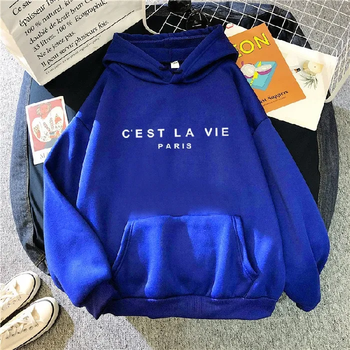 Blue loose fit hoodie text print detail casual hoodie for women fabric.