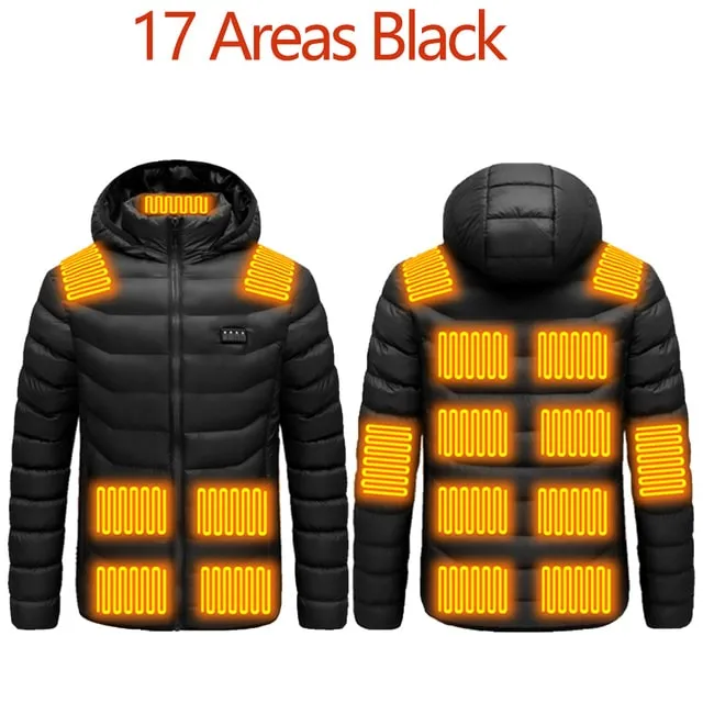 Mens Heated Jackets Electric Warmth, USB Powered Stay Cozy Outdoors 17 Areas Heated Black