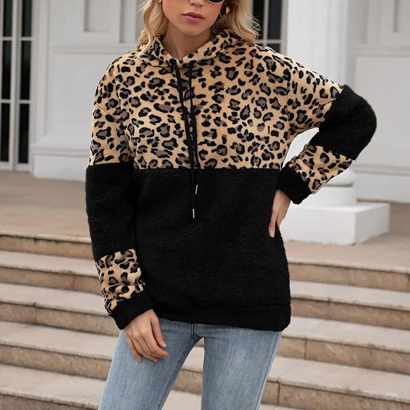 Black 2 Leopard Hoodie Womens Zip Up Plush Long Sleeve Draw String Autumn Winter Fashion
