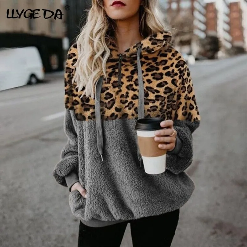 Gray Leopard Hoodie Womens Zip Up Plush Long Sleeve Draw String Autumn Winter Fashion