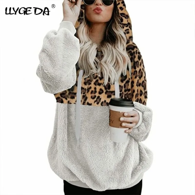 White Leopard Hoodie Womens Zip Up Plush Long Sleeve Draw String Autumn Winter Fashion