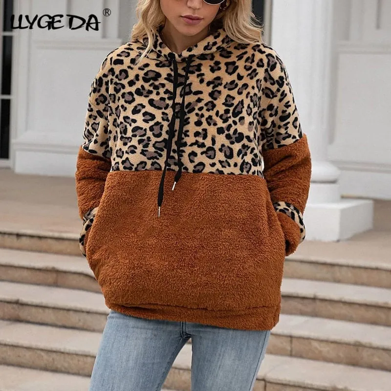 Yellow Leopard Hoodie Womens Zip Up Plush Long Sleeve Draw String Autumn Winter Fashion