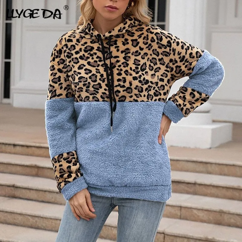 Blue Leopard Hoodie Womens Zip Up Plush Long Sleeve Draw String Autumn Winter Fashion