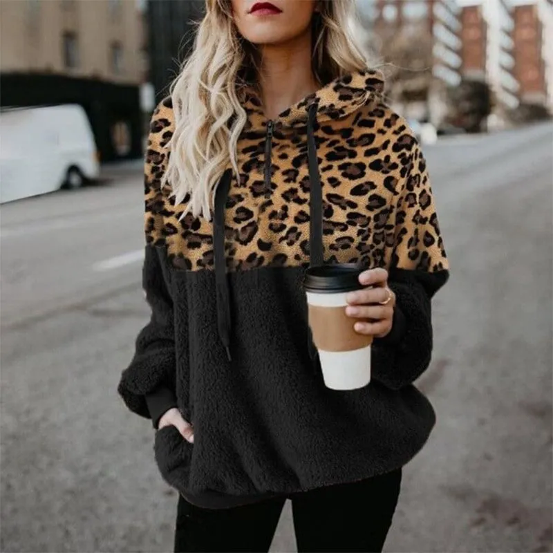 Black Leopard Hoodie Womens Zip Up Plush Long Sleeve Draw String Autumn Winter Fashion