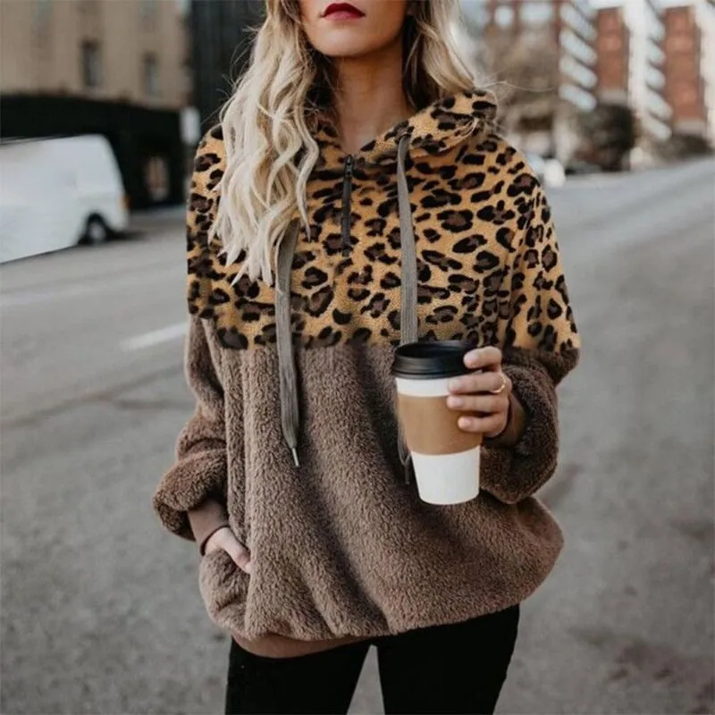 Red Khaki 2 Leopard Hoodie Womens Zip Up Plush Long Sleeve Draw String Autumn Winter Fashion