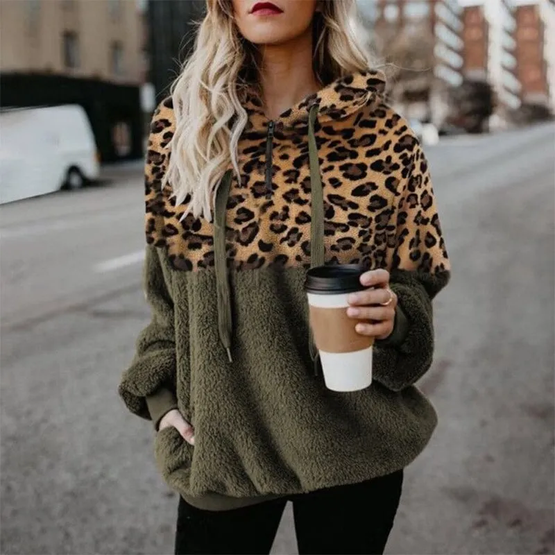 Olive Green Leopard Hoodie Womens Zip Up Plush Long Sleeve Draw String Autumn Winter Fashion