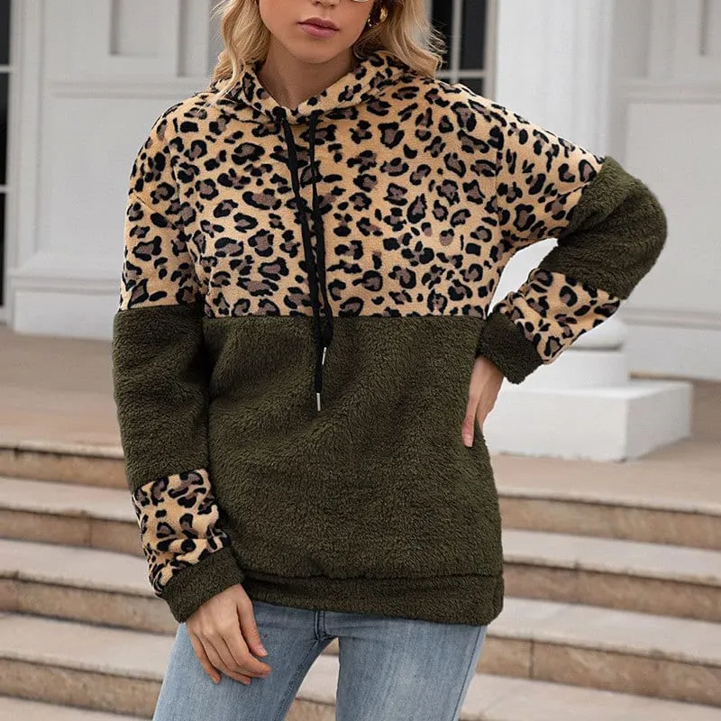 Army Green Leopard Hoodie Womens Zip Up Plush Long Sleeve Draw String Autumn Winter Fashion