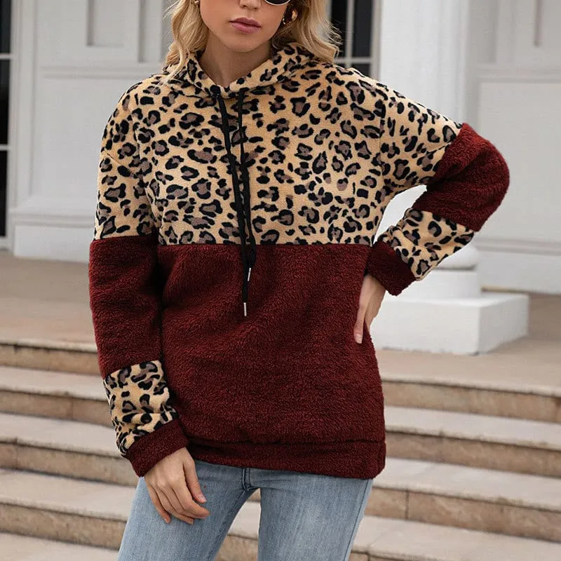 Whine Red Khaki 2 Leopard Hoodie Womens Zip Up Plush Long Sleeve Draw String Autumn Winter Fashion