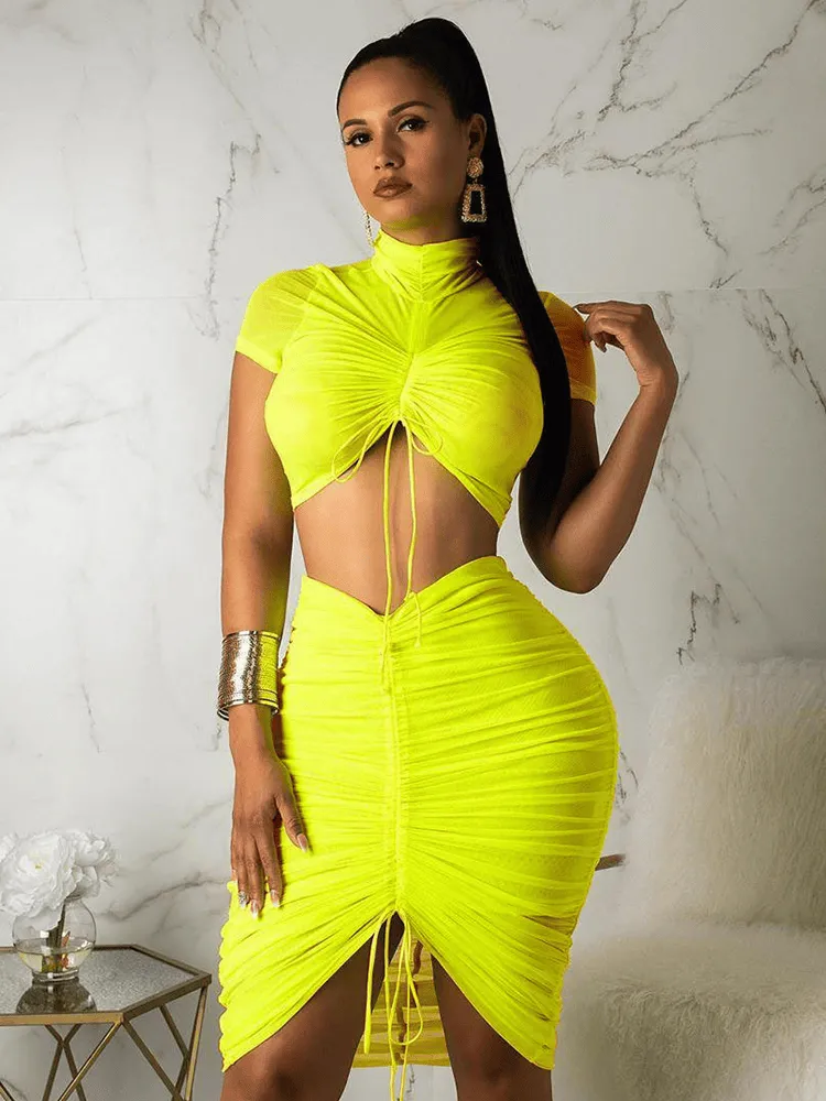 Yellow Women Club Two Piece Outfits Bodycon Crop Top Dress Set