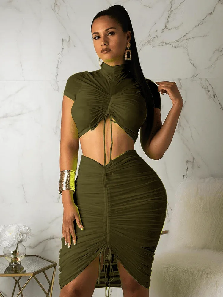 Army Green Women Club Two Piece Outfits Bodycon Crop Top Dress Set