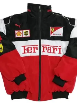Men’s Racing Jacket Red Black Embroidered Motorsports Jacket Full Zip Streetwear Style.