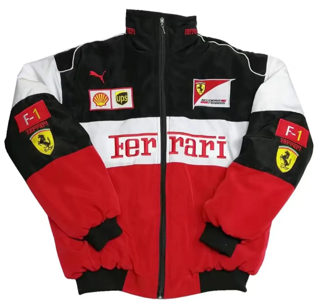 Men’s Racing Jacket Red Black Embroidered Motorsports Jacket Full Zip Streetwear Style.