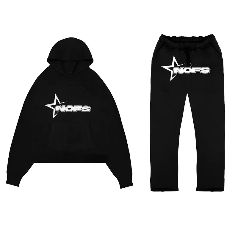 Black mens tracksuit set y2k streetwear hoodie sweatpants