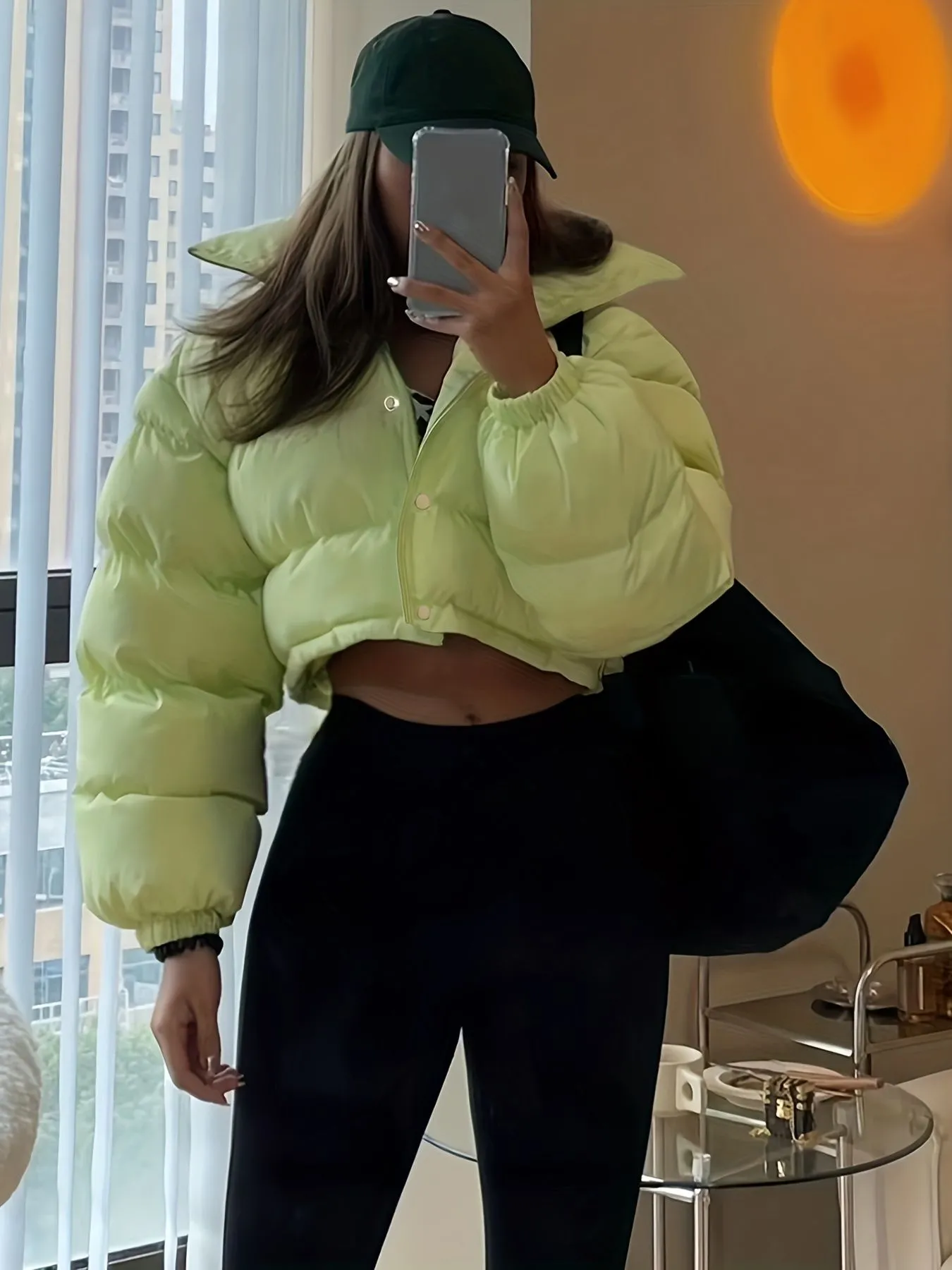 Short winter coat for women cropped puffer jacket close up stand collar