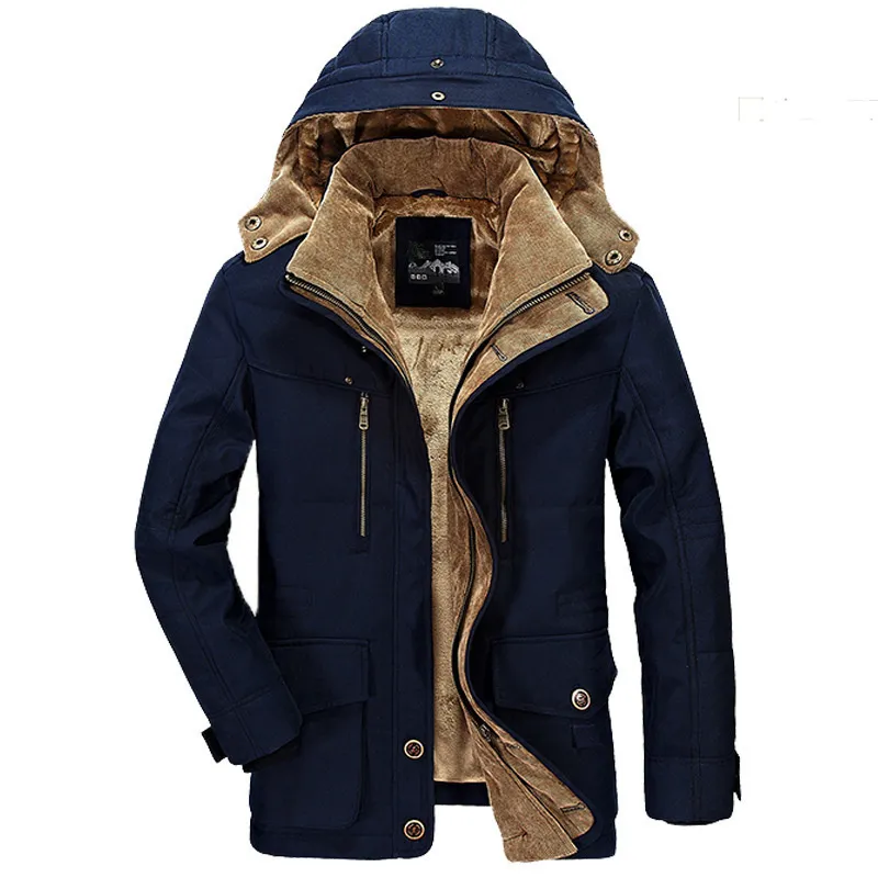 Blue mens winter parka jacket hooded fleece warm coat