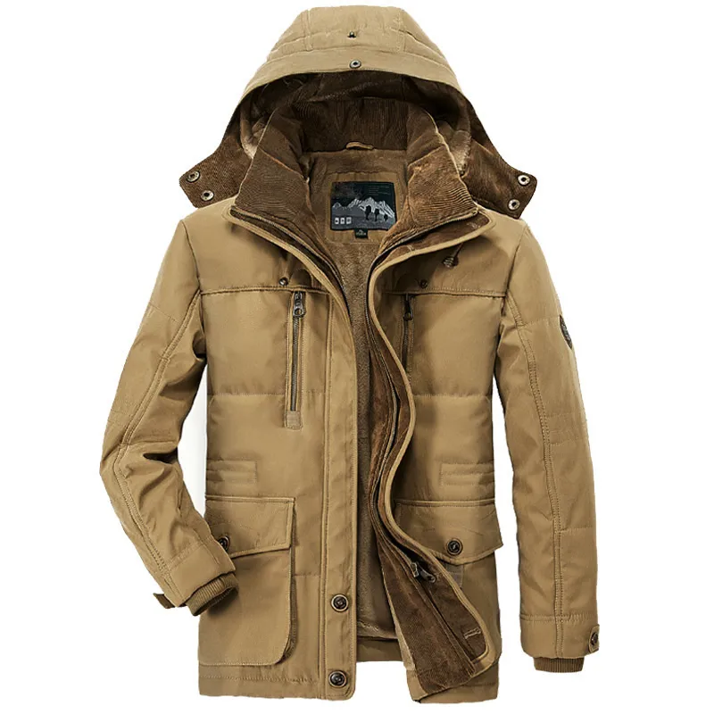 Khaki mens parka jacket hooded fleece winter coat with fur collar