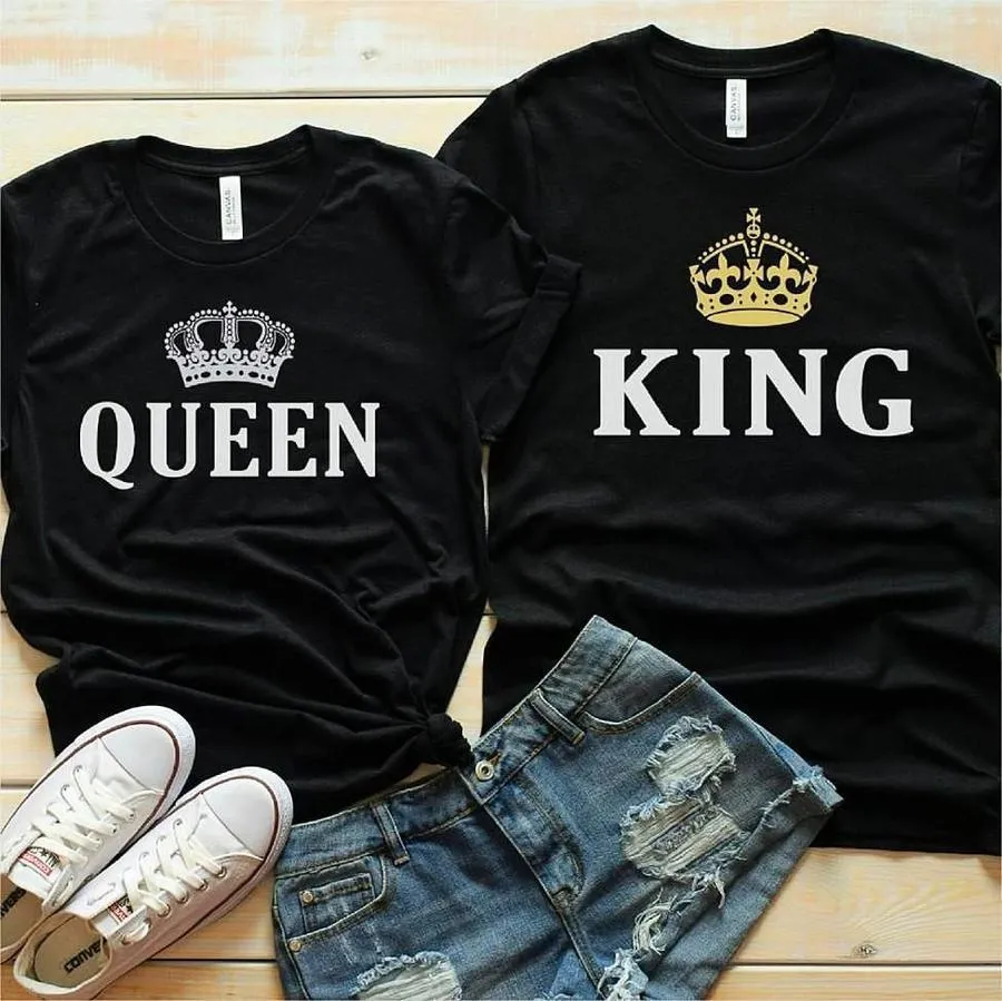 Couple matching shirts king and queen crown design black t shirts his and hers outfit