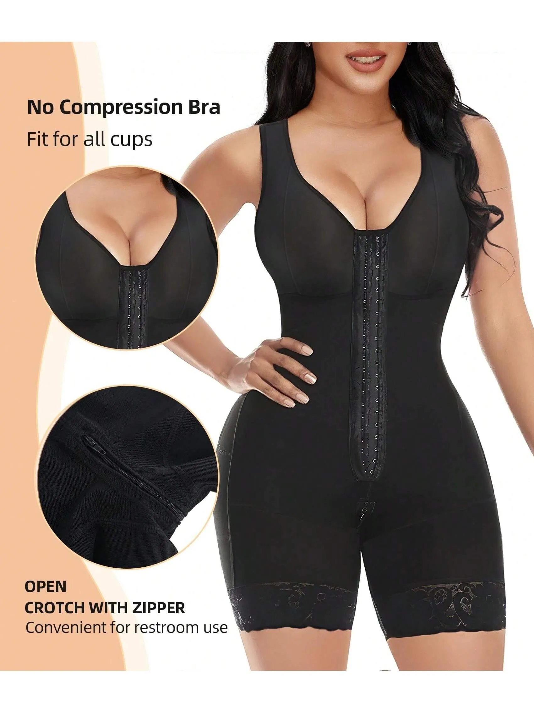 Black full body shapewear bodysuit for women with tummy control, butt lift design, and zipper crotch