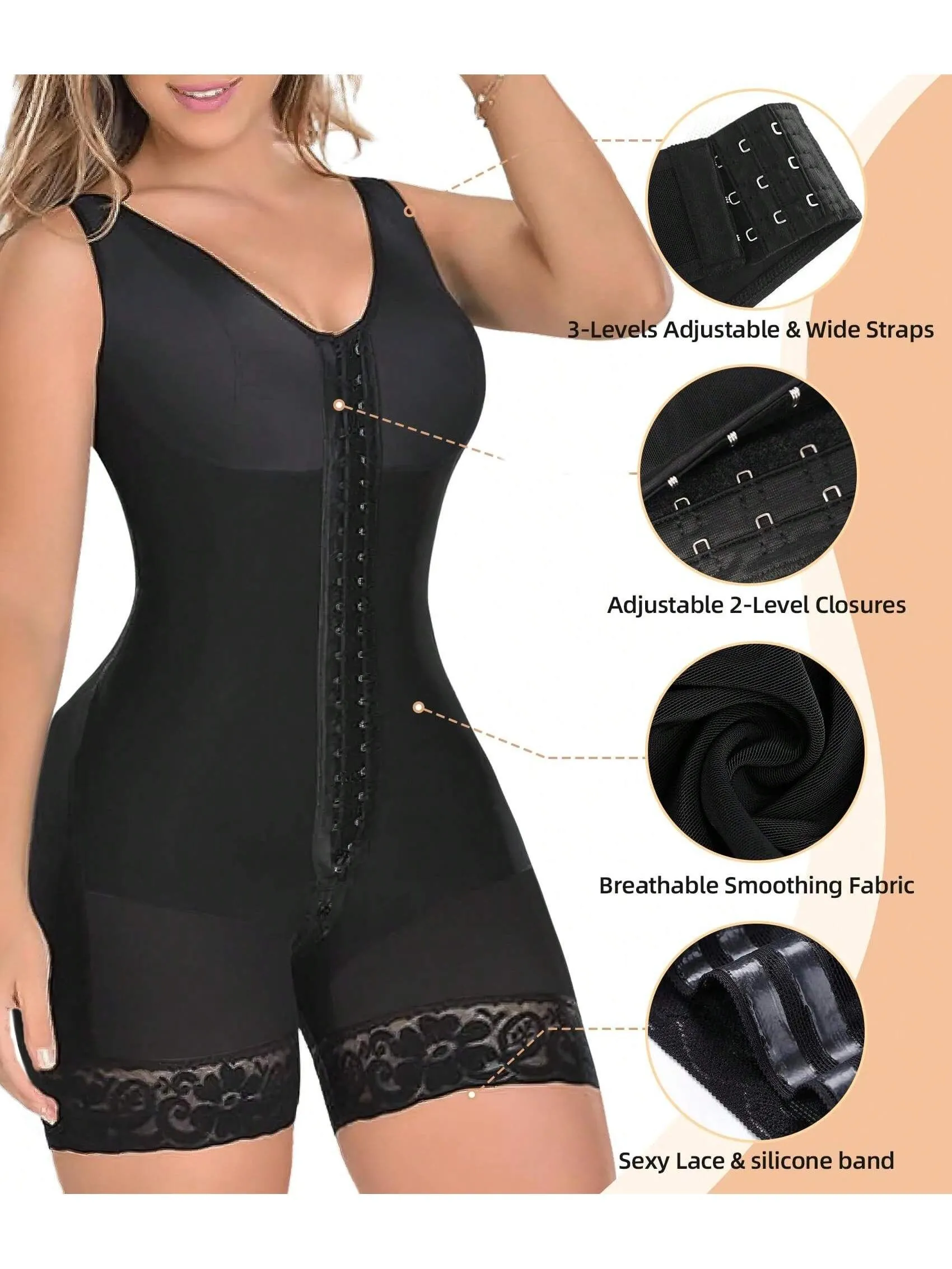 Black full body shapewear bodysuit for women with tummy control, butt lift design, and zipper crotch