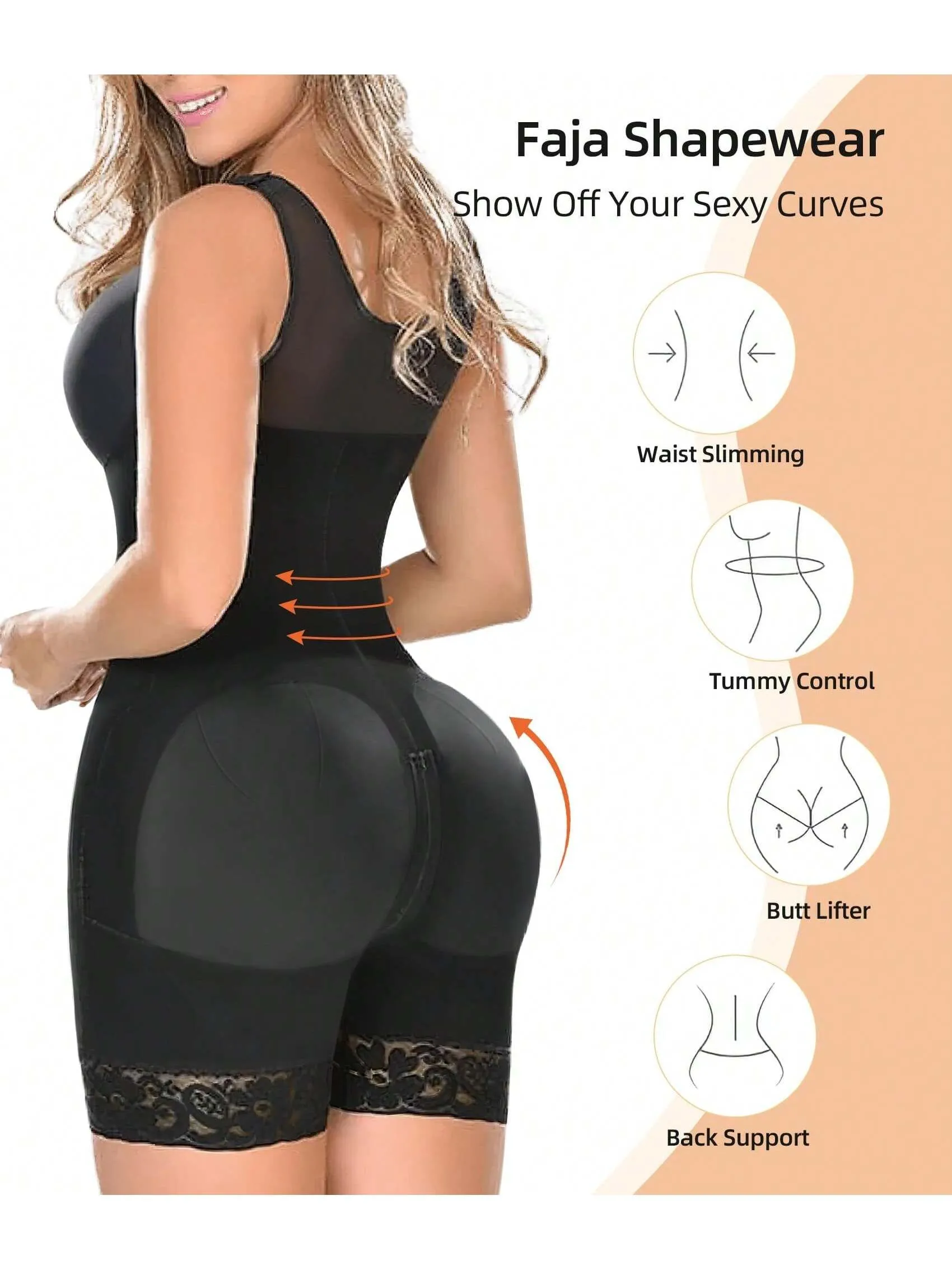 Black full body shapewear bodysuit for women with tummy control, butt lift design, and zipper crotch