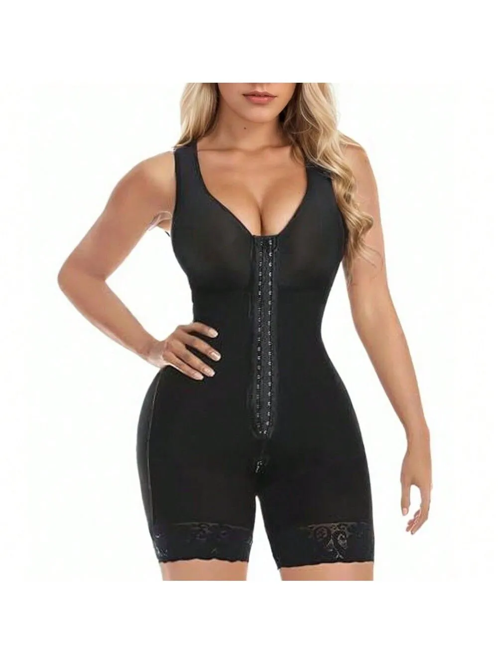 Black full body shapewear bodysuit for women with tummy control, butt lift design, and zipper crotch