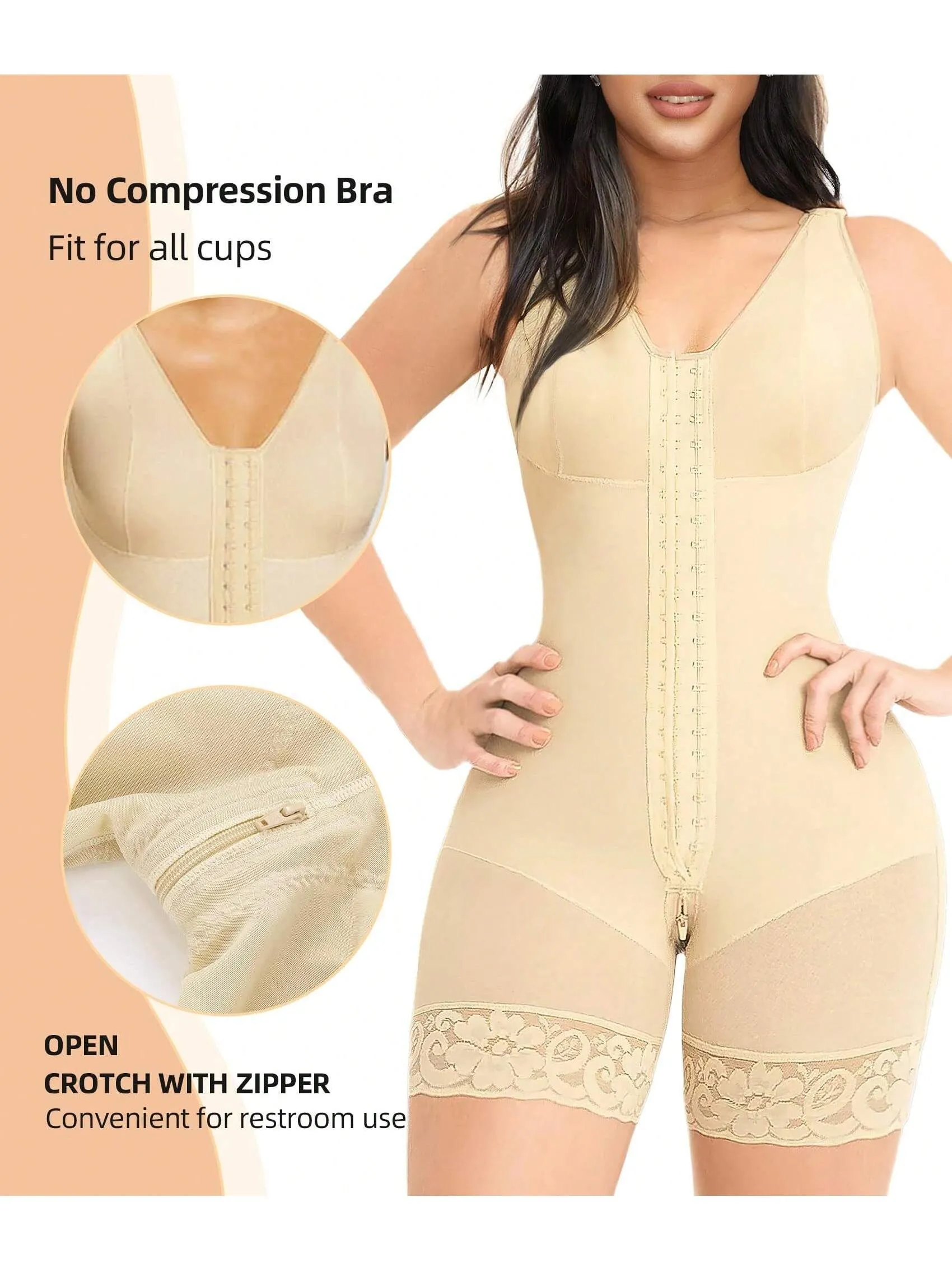 White full body shapewear bodysuit for women with tummy control, butt lift design, and zipper crotch