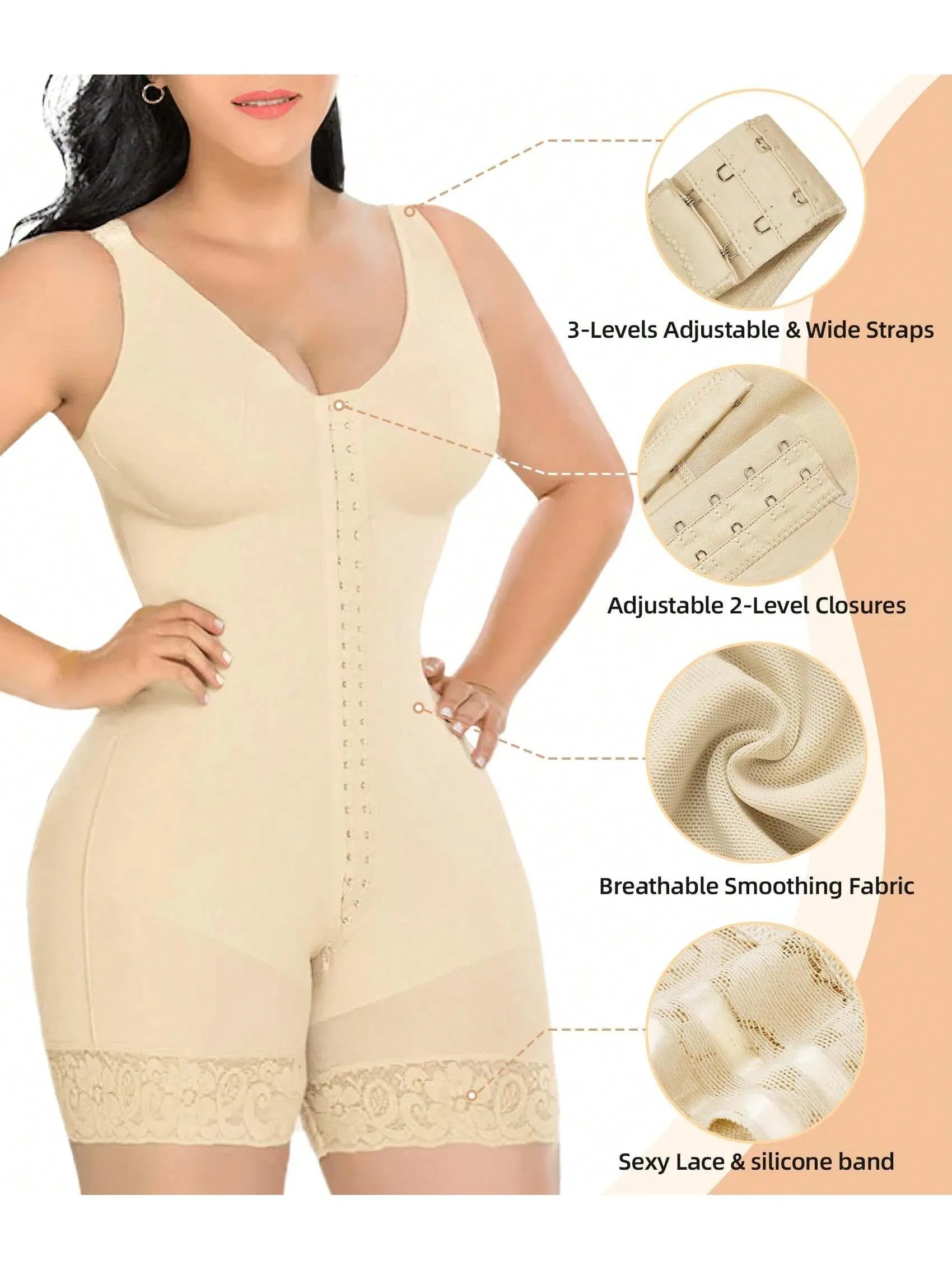 White full body shapewear bodysuit for women with tummy control, butt lift design, and zipper crotch