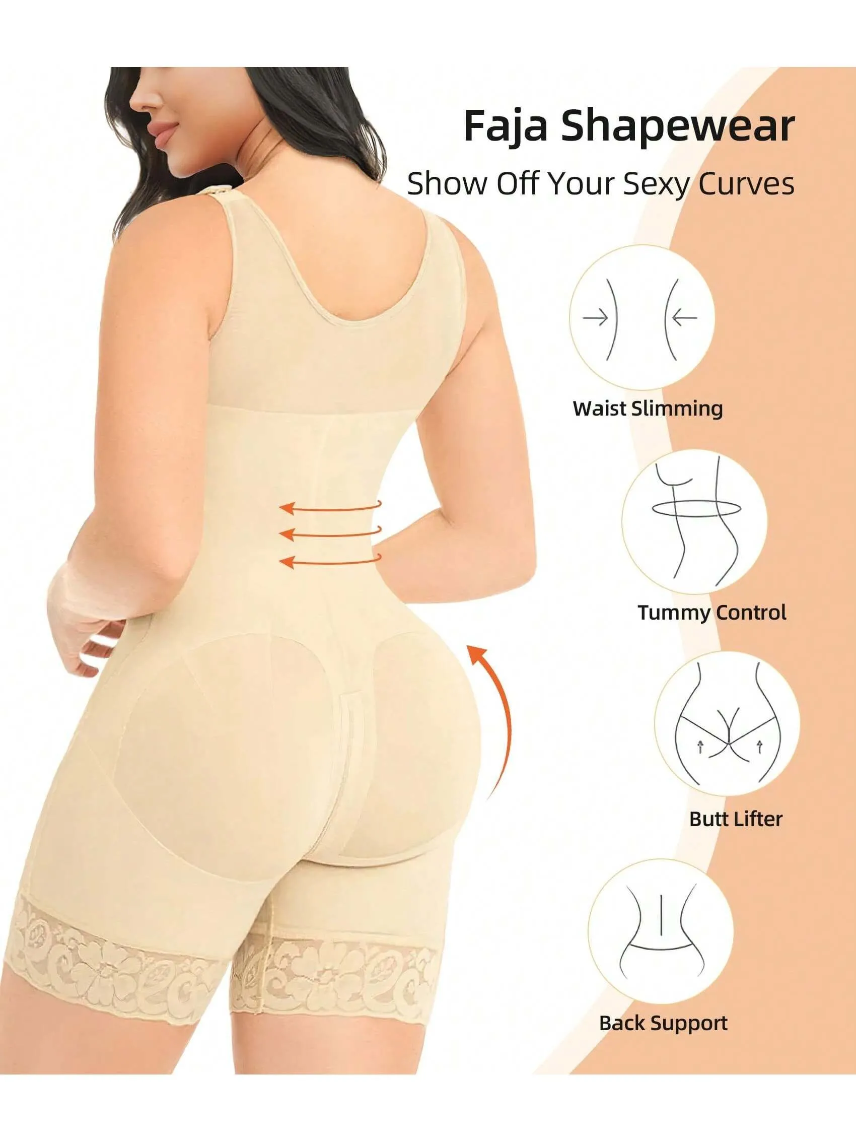 White full body shapewear bodysuit for women with tummy control, butt lift design, and zipper crotch