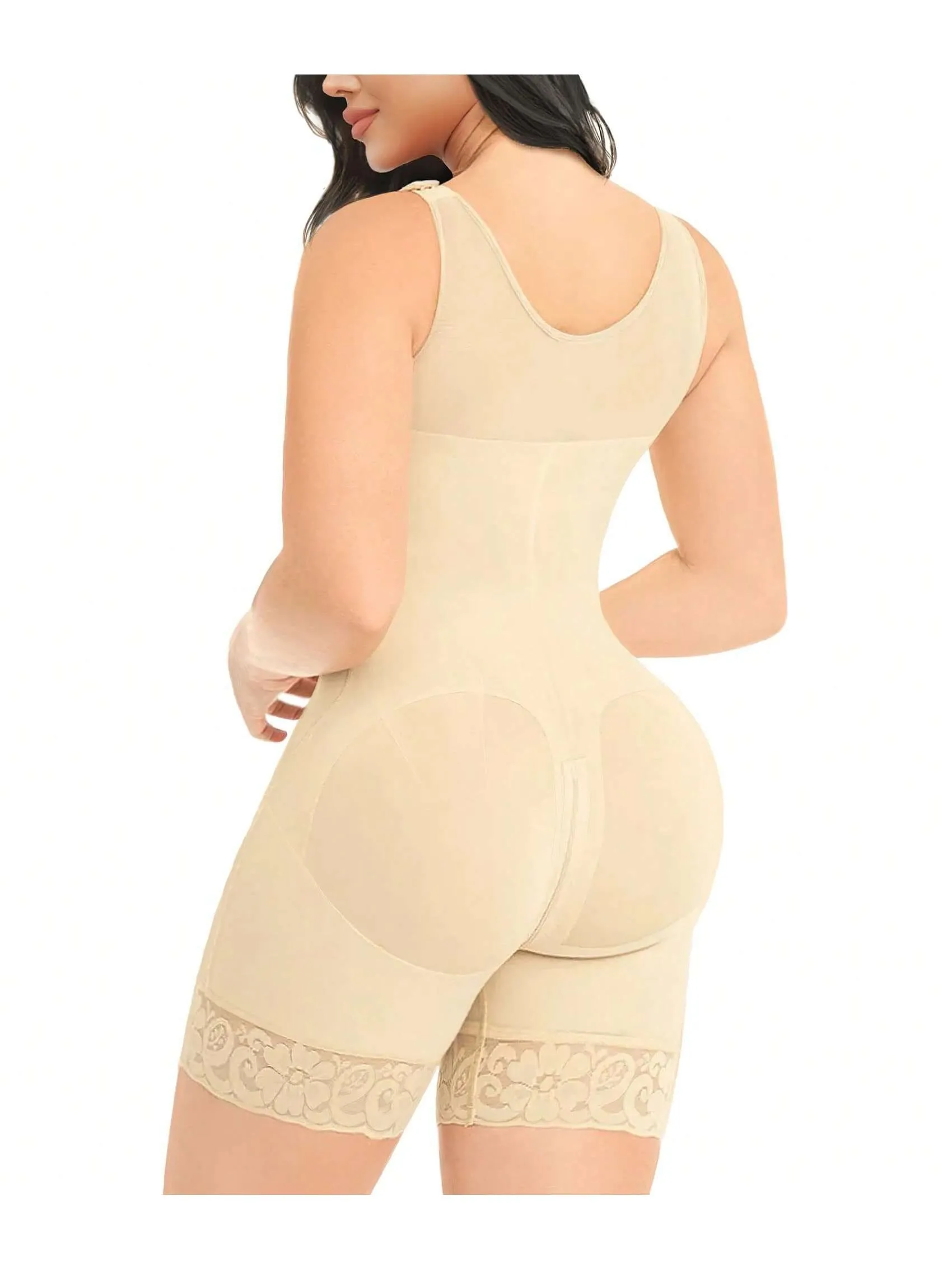 White full body shapewear bodysuit for women with tummy control, butt lift design, and zipper crotch