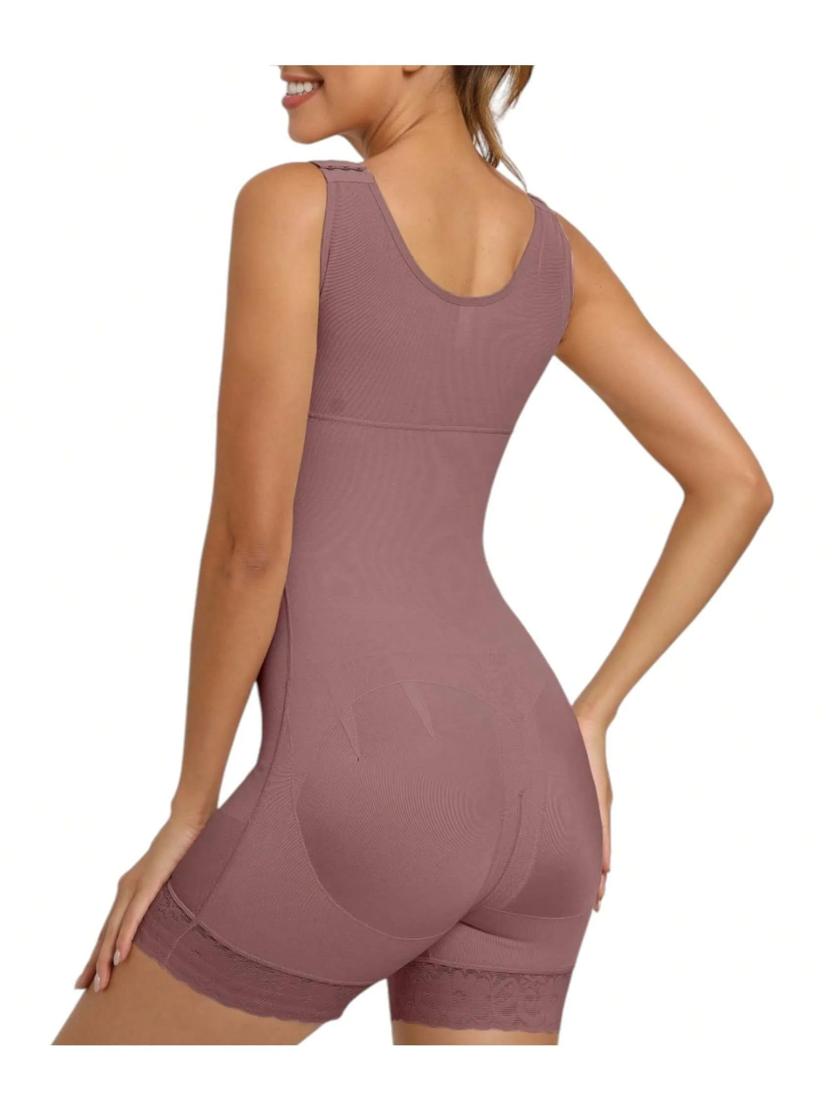Purple full body shapewear bodysuit for women with tummy control, butt lift design, and zipper crotch