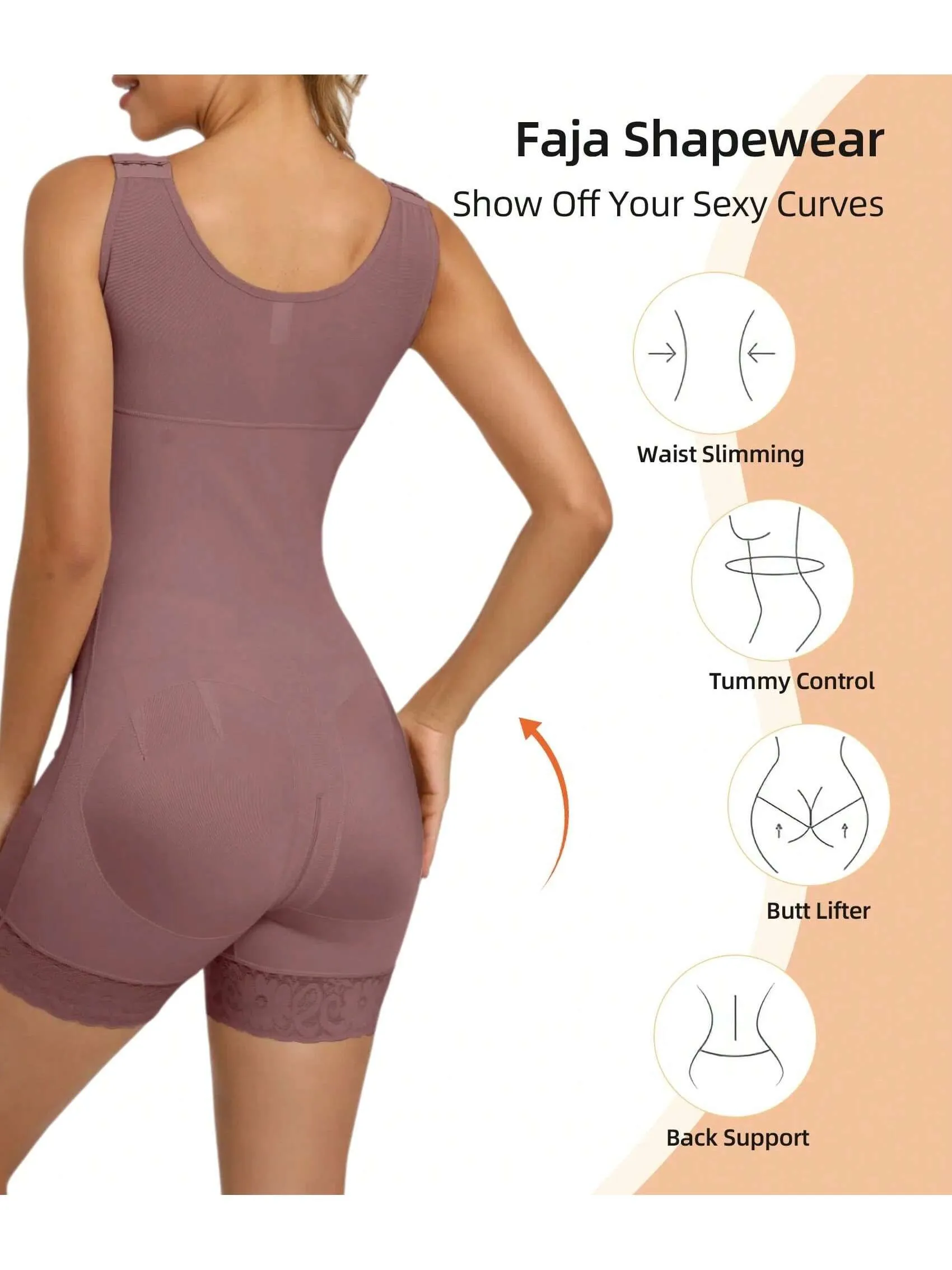 Purple full body shapewear bodysuit for women with tummy control, butt lift design, and zipper crotch