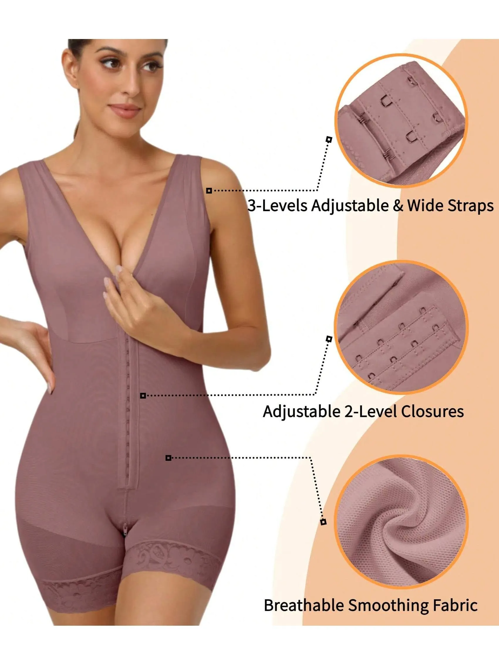 Purple full body shapewear bodysuit for women with tummy control, butt lift design, and zipper crotch