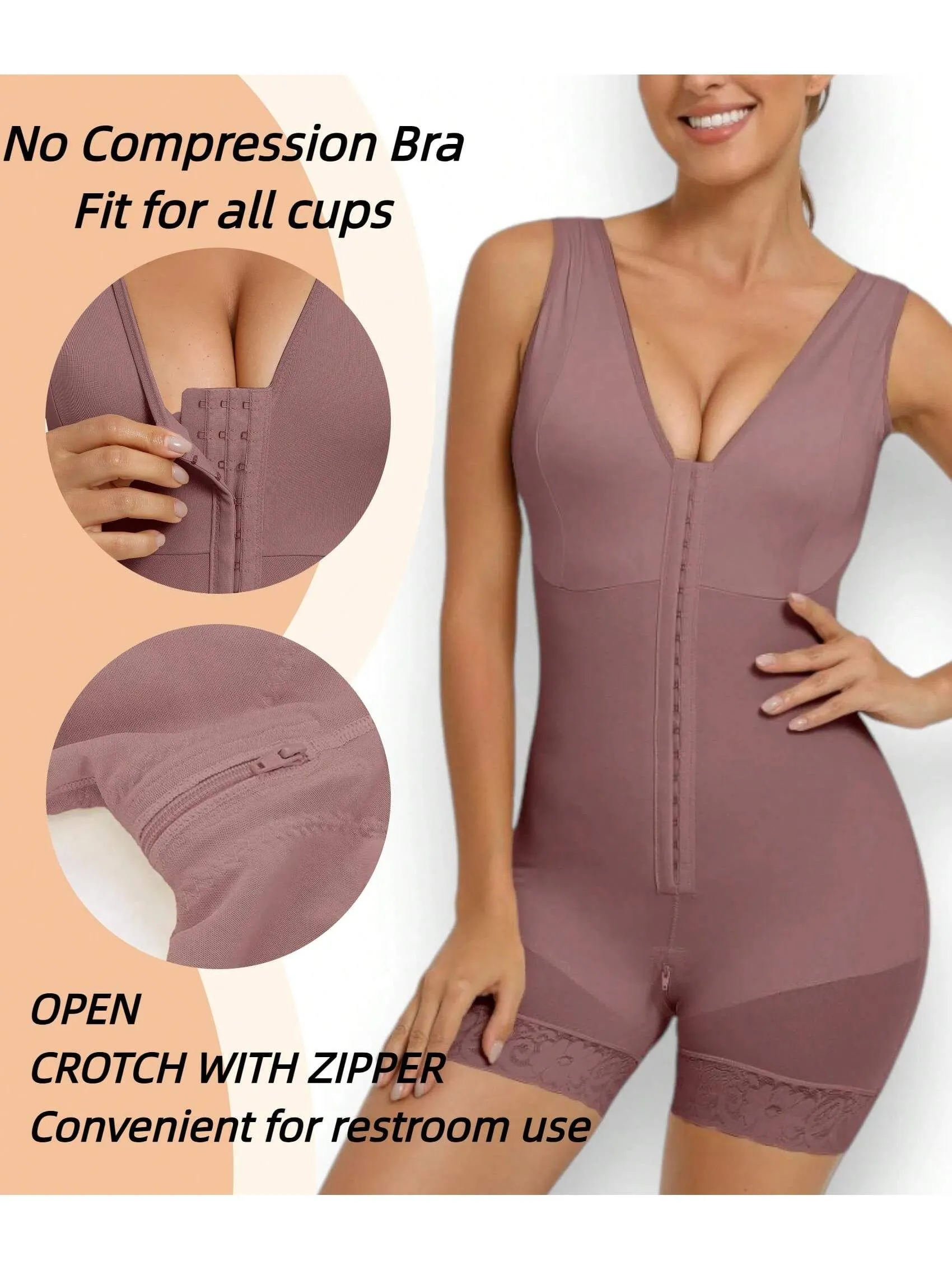 Purple full body shapewear bodysuit for women with tummy control, butt lift design, and zipper crotch