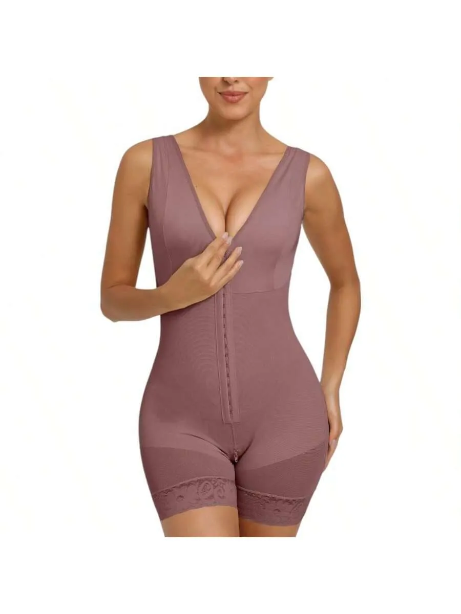Purple full body shapewear bodysuit for women with tummy control, butt lift design, and zipper crotch