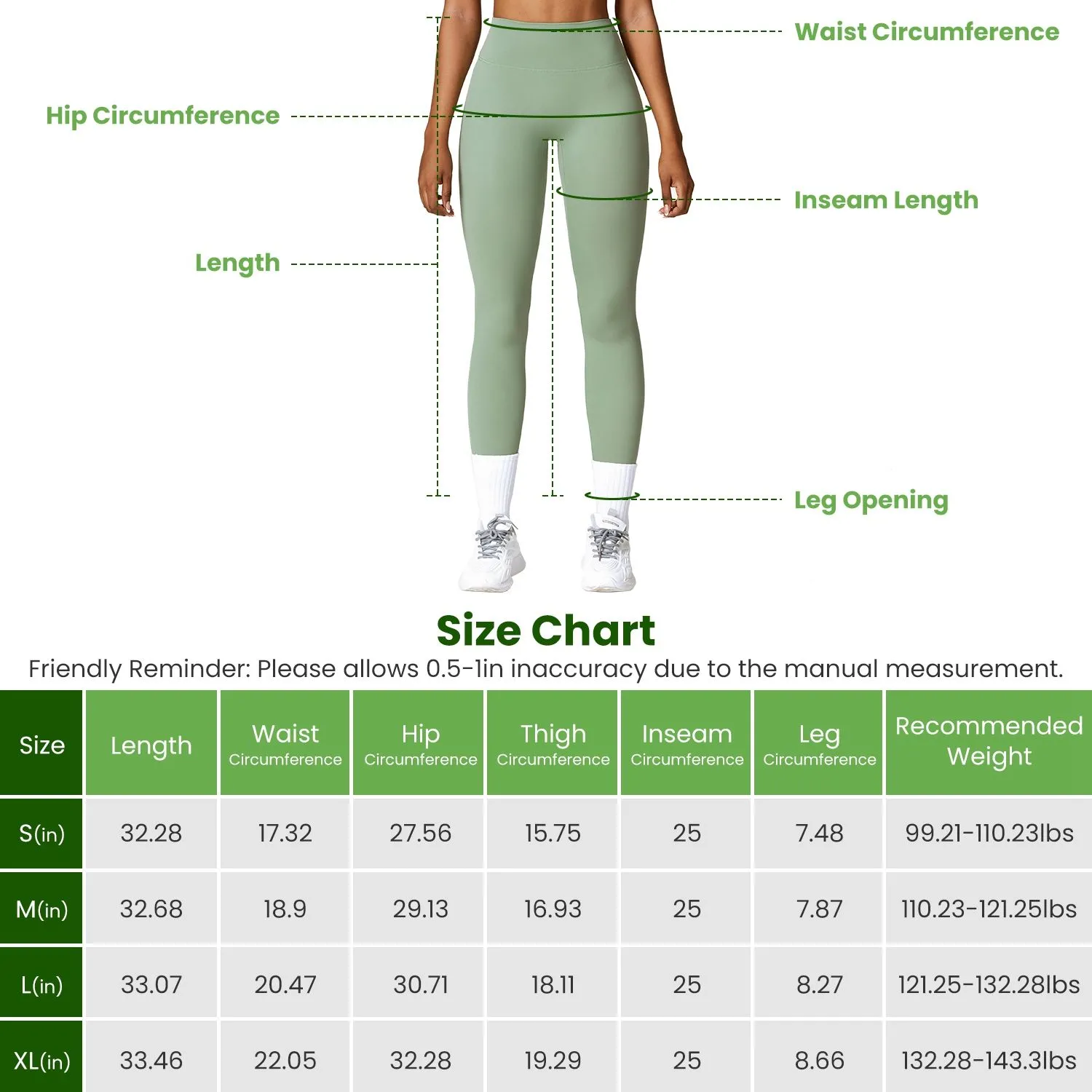 Guide des tailles des leggings taille haute avec contrôle du ventre montrant les mesures de taille, hanches, cuisses et entrejambe pour femmes