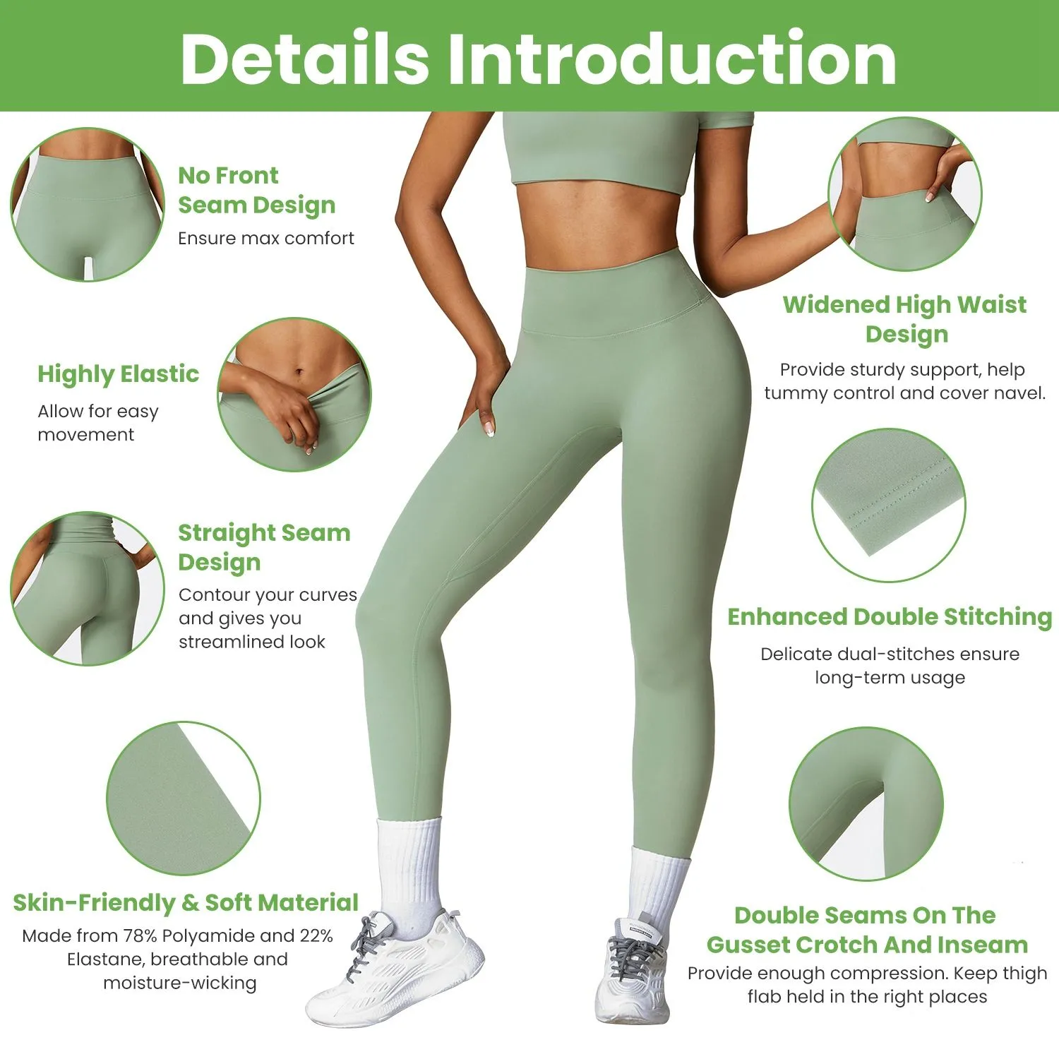 Infographie des caractéristiques des leggings taille haute avec contrôle du ventre et soutien compressif sans coutures