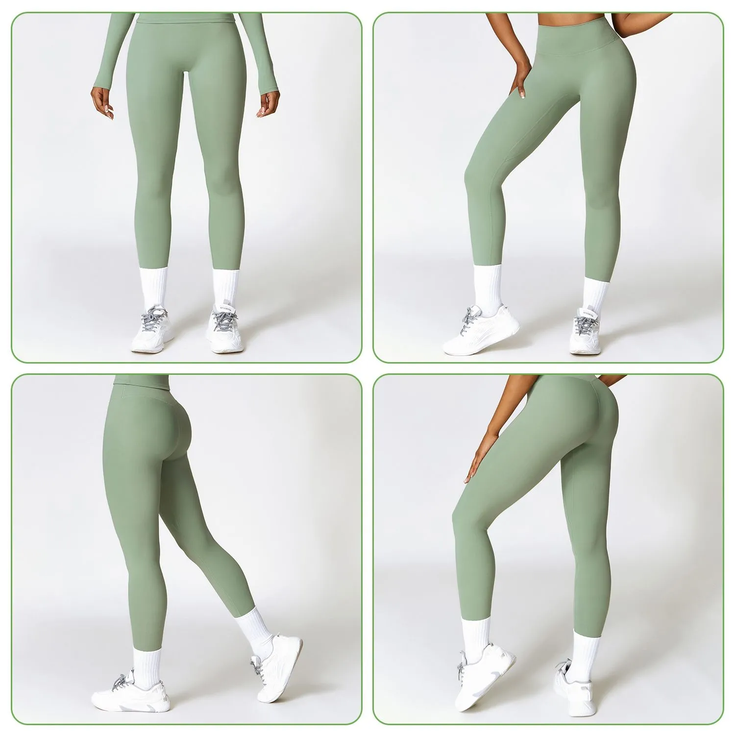 Plusieurs vues avant et arrière de leggings d’entraînement taille haute vert sauge