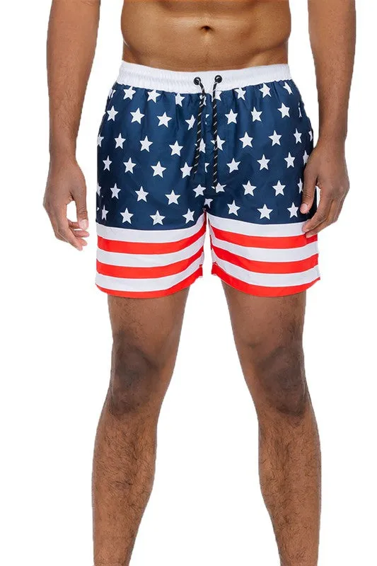 American flag swim shorts for men front view with patriotic stars and stripes design