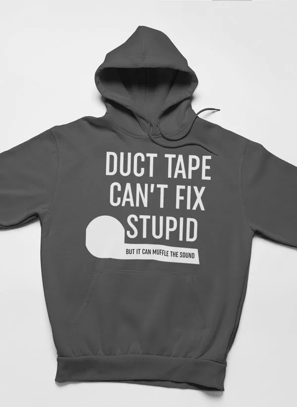 Dark grey funny hoodie for men and women with sarcastic duct tape graphic print