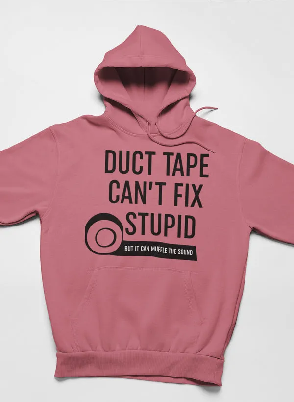 Sarcastic unisex hoodie in mauve color with funny duct tape graphic statement design