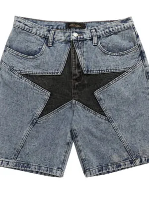 Washed blue baggy denim shorts with a large black star patchwork panel shown from the front.