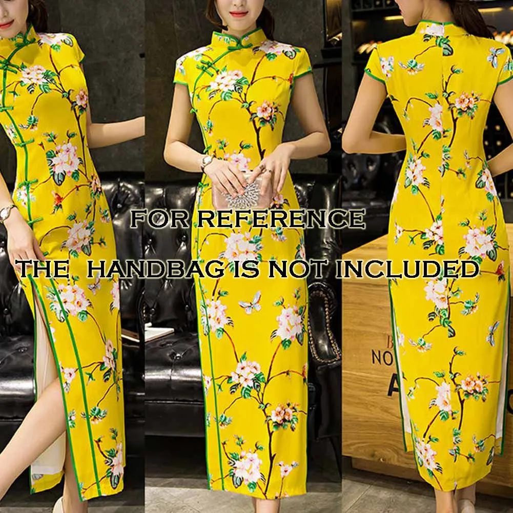 Chinese traditional dress for women showing front back and side views of yellow floral cheongsam dress