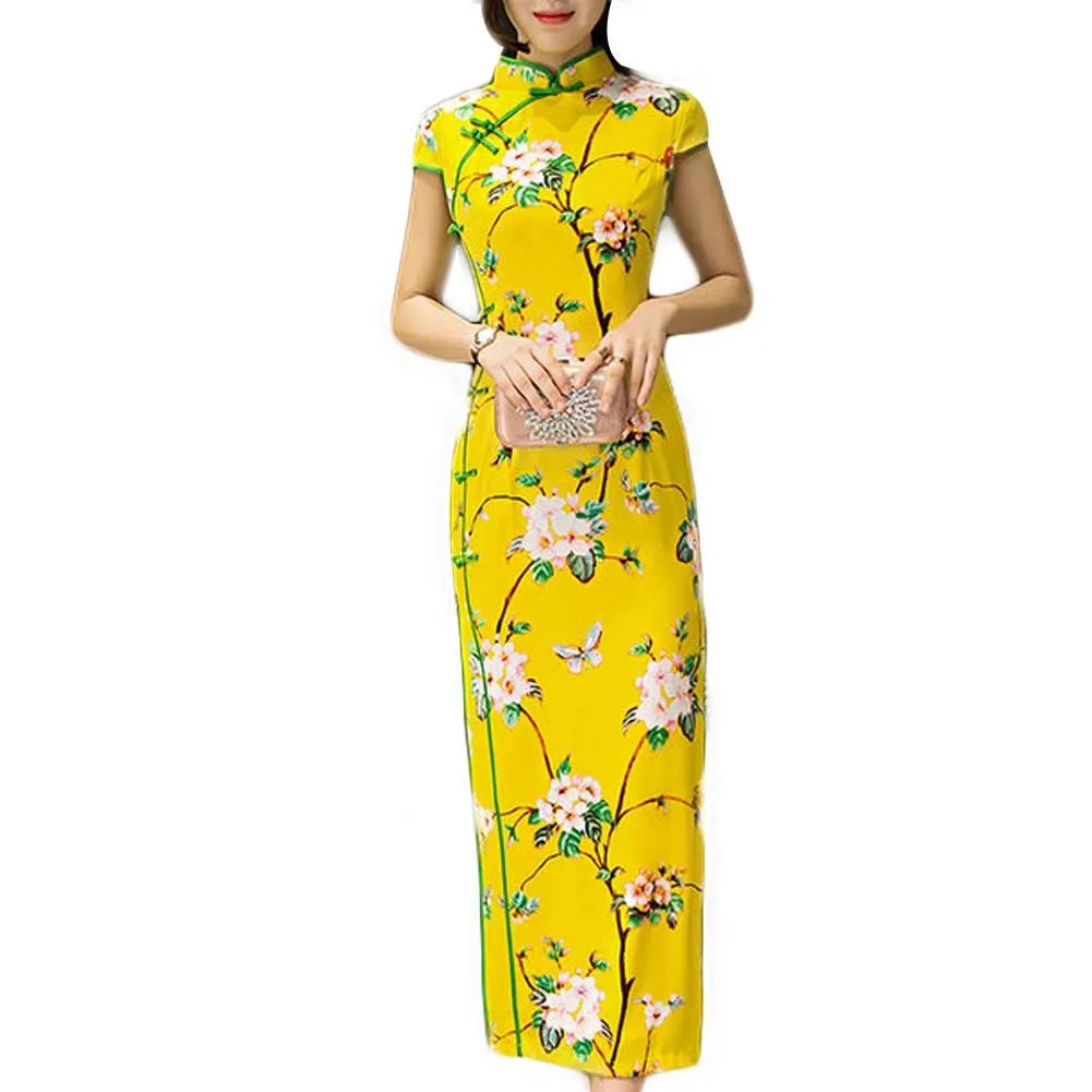 Chinese traditional dress for women in yellow floral cheongsam design with mandarin collar and side slit details