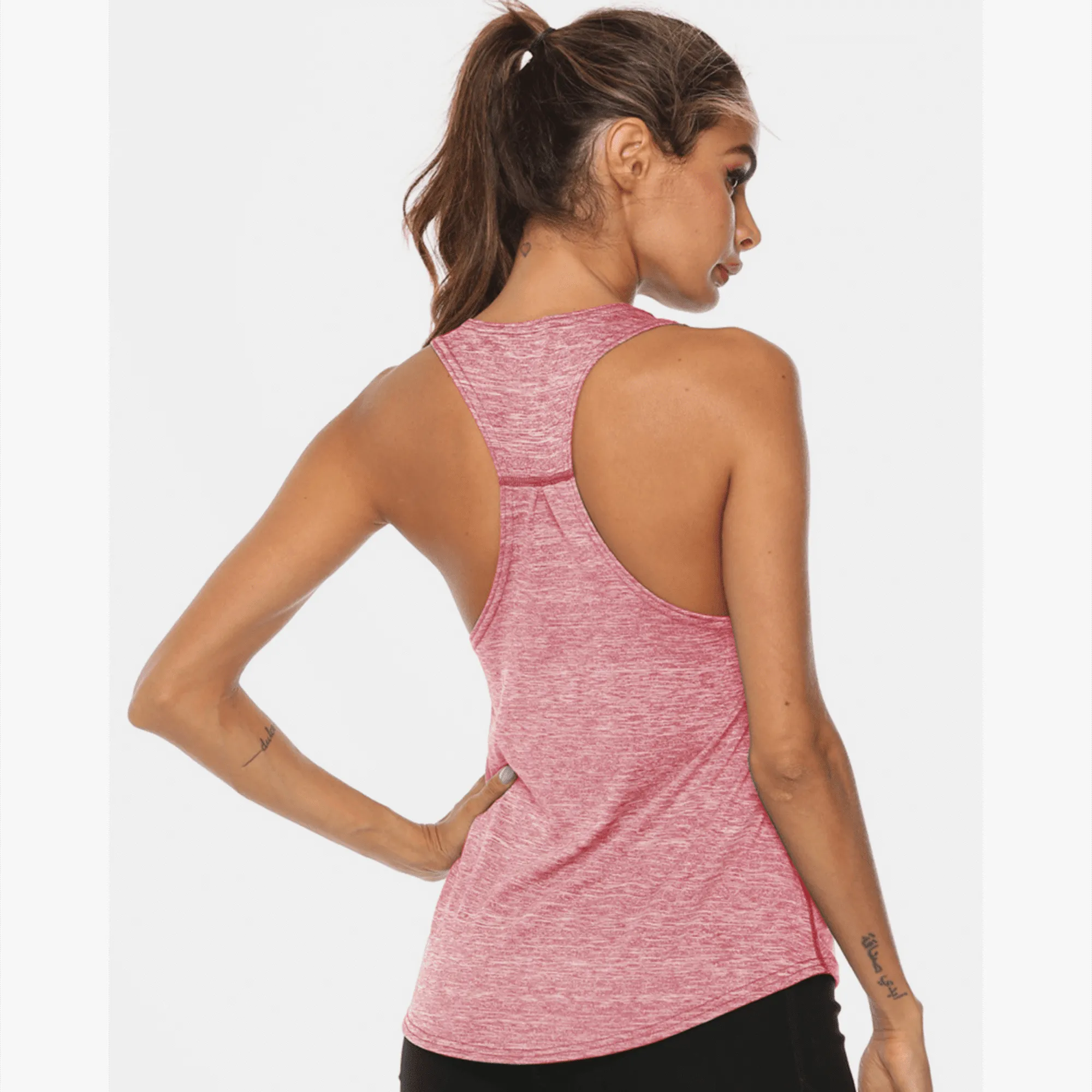 Rear athletic view of a rose-pink racerback workout tank top.