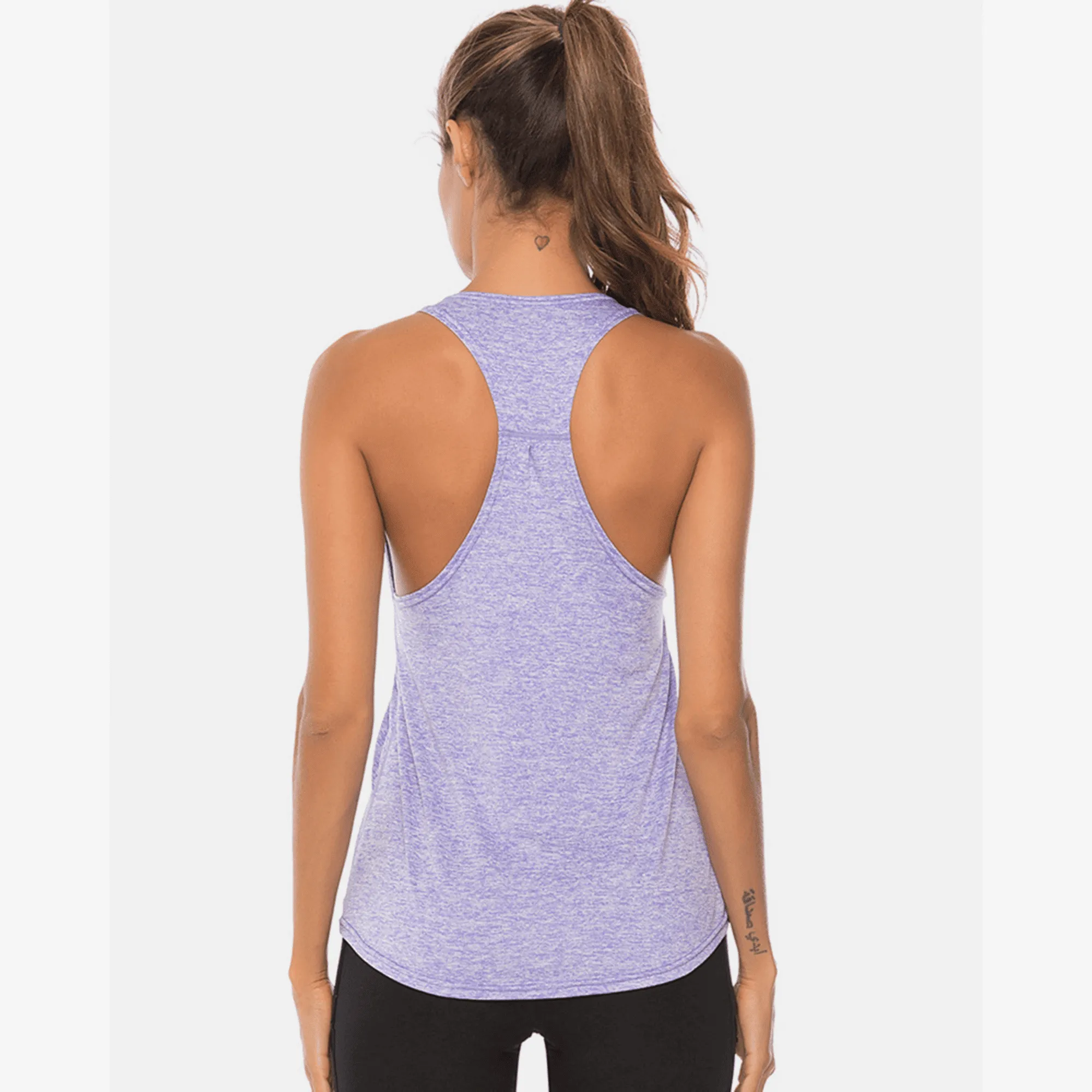 Back view of a lavender long workout tank top with a racerback shape.