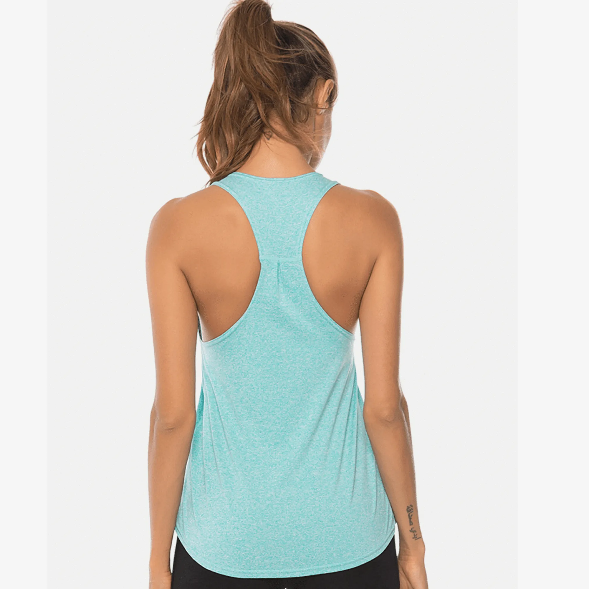 Back view of an aqua long workout tank top with a racerback cut.