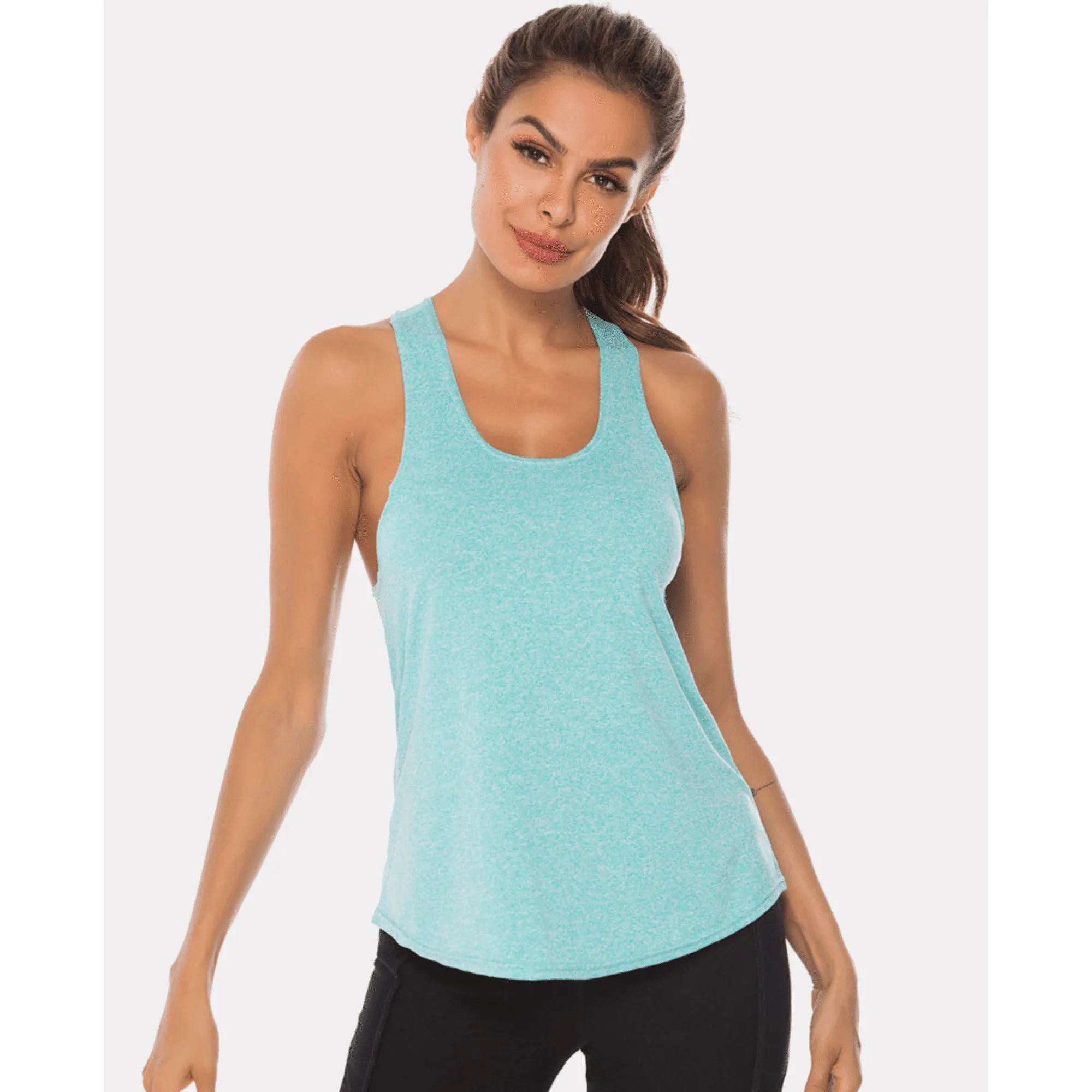 Model wearing an aqua long scoop-neck workout tank top from the front.