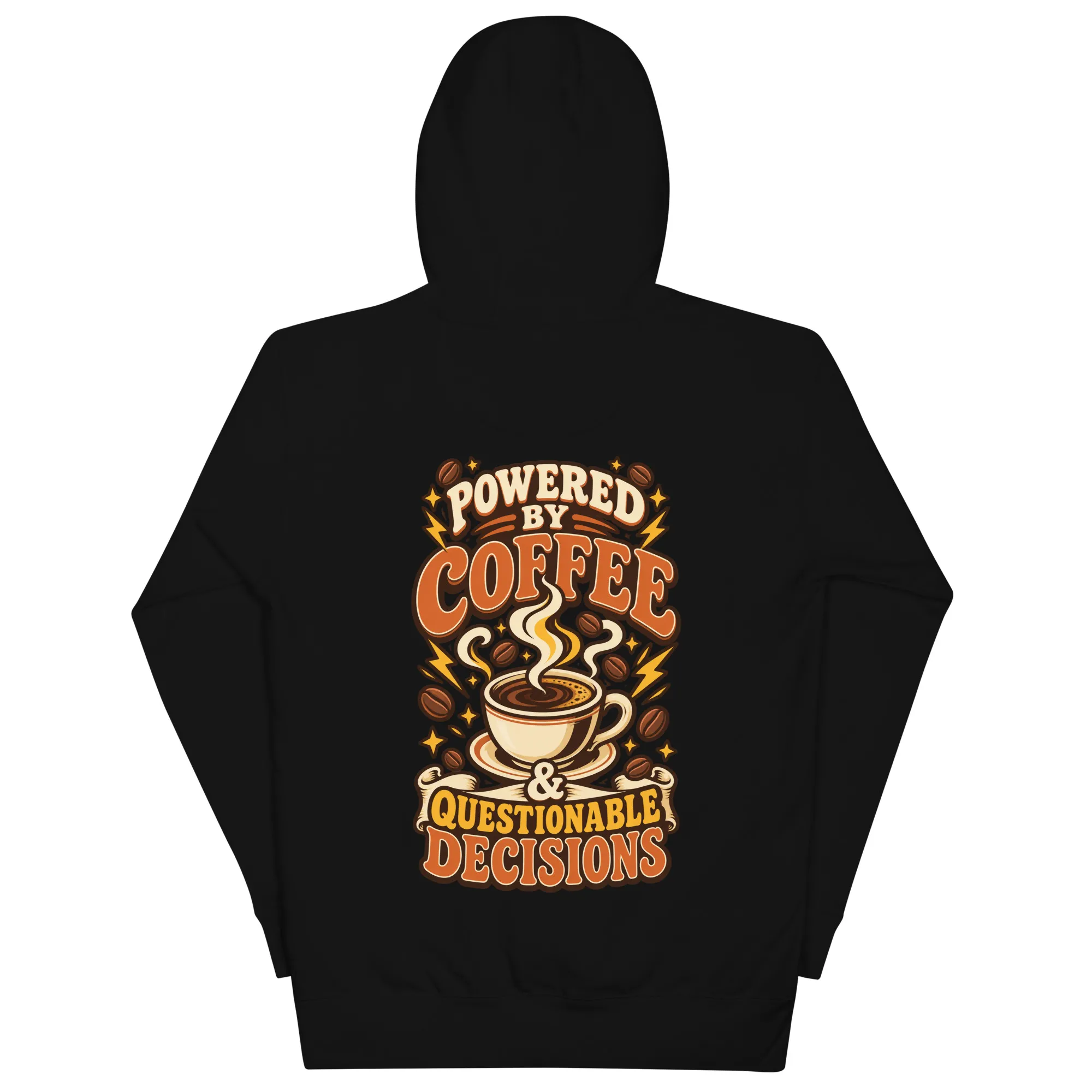 Hoodie unisex negro mostrado extendido y visto por la espalda, con una ilustración retro grande de café.
