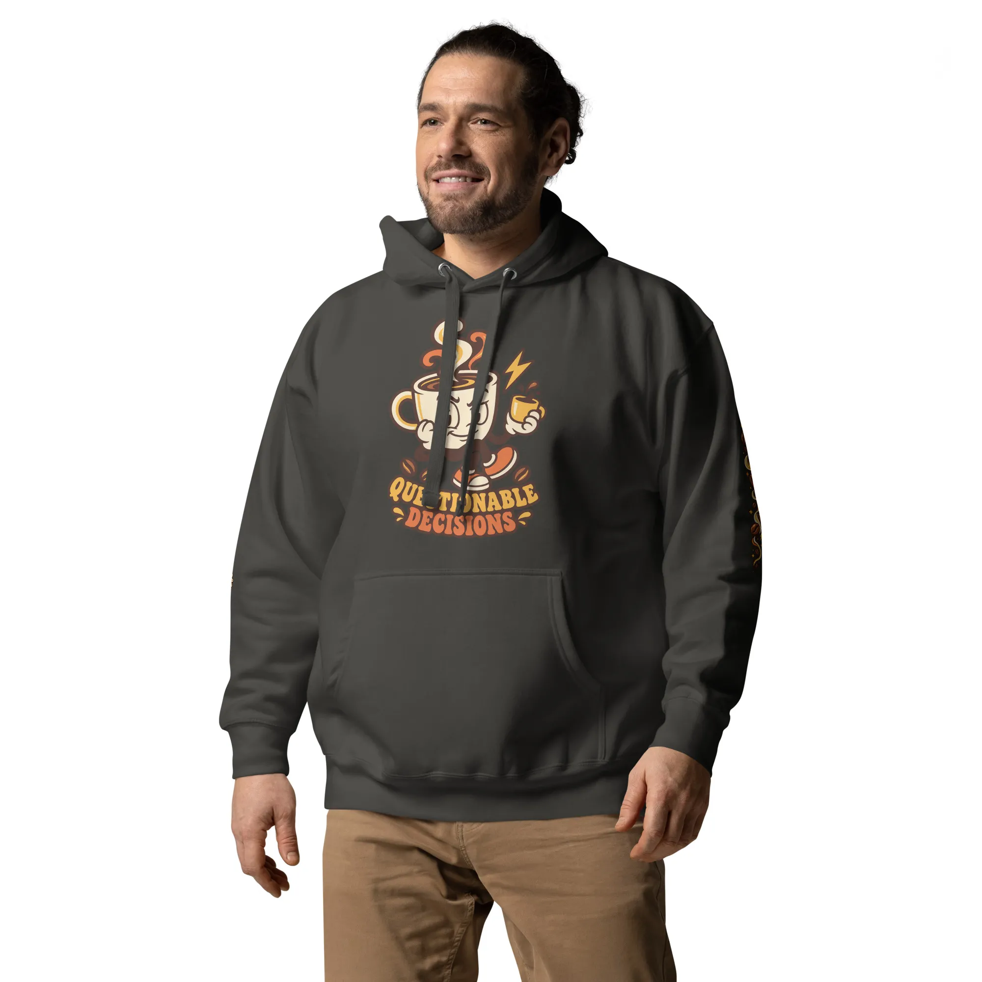 Hoodie unisex negro vintage mostrado de frente en un modelo de pie.