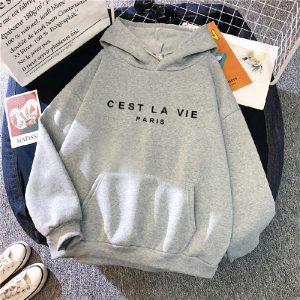 Letter Print Lazy Style Loose Hooded Sweater for Women Grey